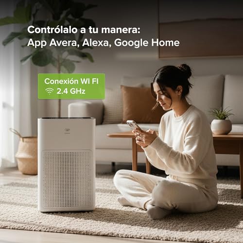 AVERA Purificador de aire con filtro HEPA y carbón activado, Cubre hasta 100 m2 (1076 pies²), 4 velocidades, 2 modos, Control WIFI y táctil, Luz indicadora calidad de aire, Silencioso | PHEPA01