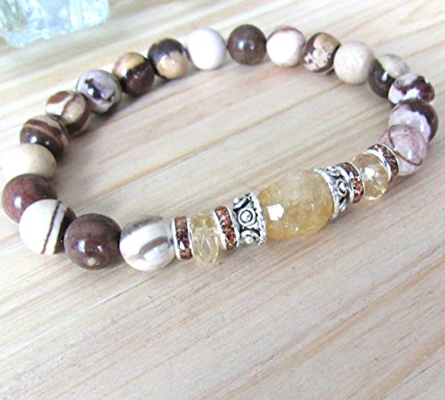 Citrine gemstone bracelet with Zebra Jasper, handmade stretch beaded bracelet, Reiki charged, crystal healing - Nurturing & Joy