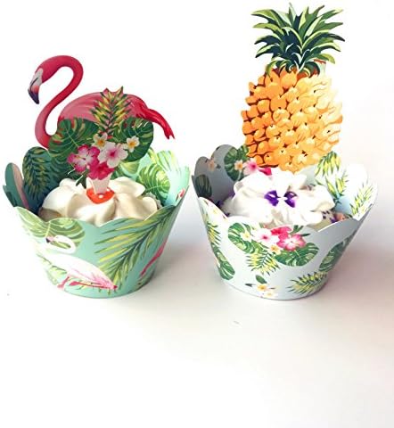 12pcs Flamingo Monstera Double Sided Paper Cupcake Wrappers + 12pcs Flamingo Pineapple Cupcake Toppers,Luau Tropical Party Hawaiian Summer Party Baby Shower Kids Party Beach Party Wedding Birthday