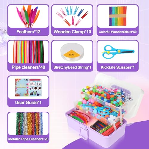 JIYANA Kit Manualidades Niños 3300+PCS, Portátil Kit Caja Manualidades, Set DIY Completo con Limpiapipas, Cuentas, Pompones y Ojos Móviles, Ideal para Niños y Niñas de 4-12 Años(Mmorado)