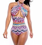 Sexy Womens Geometric Print Wrap Halter High Waist Two-piece Swimsuit Swimwear