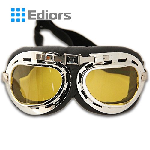 EdiorsÂ® Sports WWII Raf Vintage Aviator Pilot Style Motorcycle Cruiser Scooter Goggle T01 Transparent lens (Chrome Frame, Amber Lens)