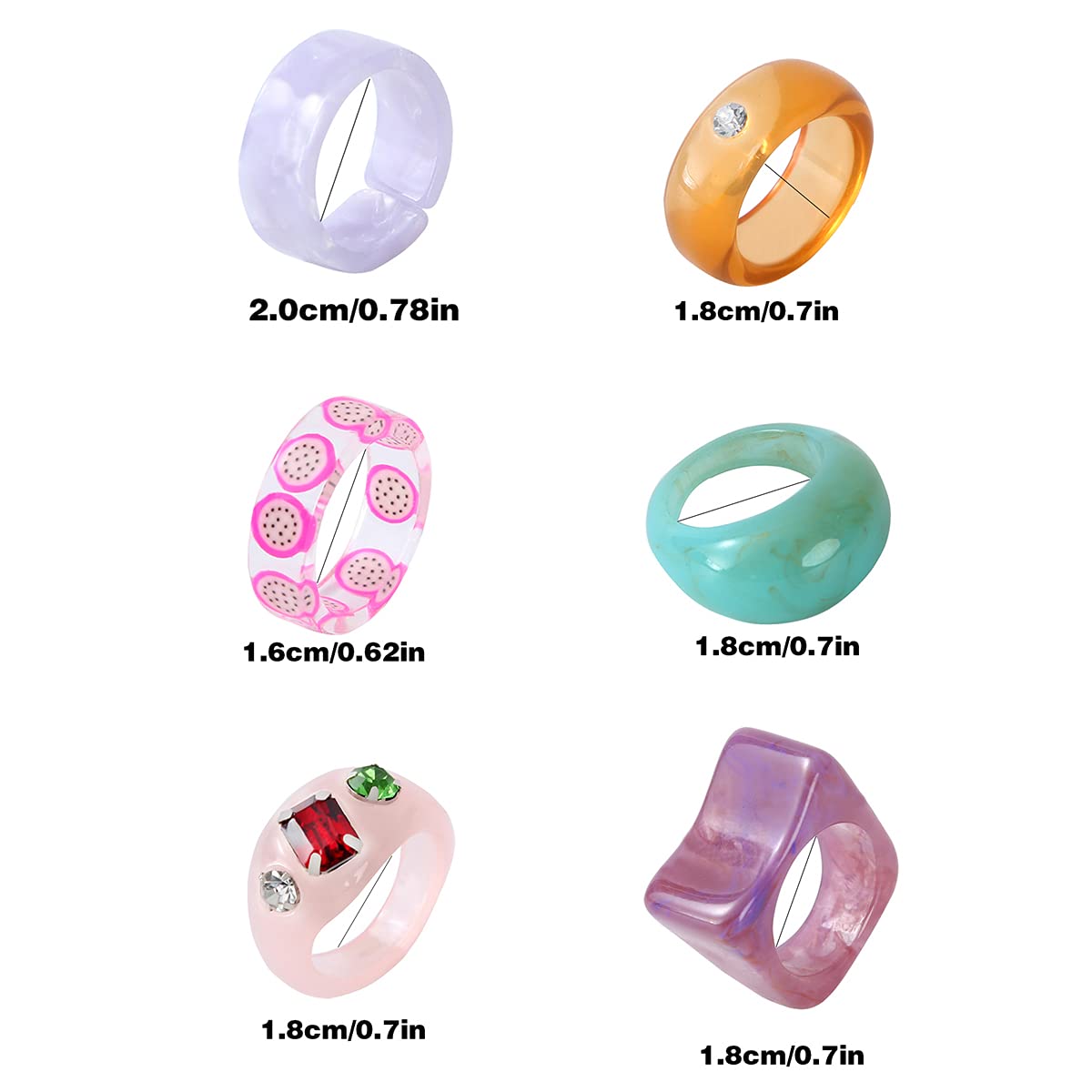 AIDSOTOU 20 Pcs Acrylic Cute Trendy Colorful Rhinestone Stackable Chunky Rings for Women