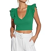 Ezbelle Women's Summer Shirts V Neck Crop Tops Ribbed Knit Tank Ruffle Sleeveless Top Sexy Blouse Ladies Clothes 2026