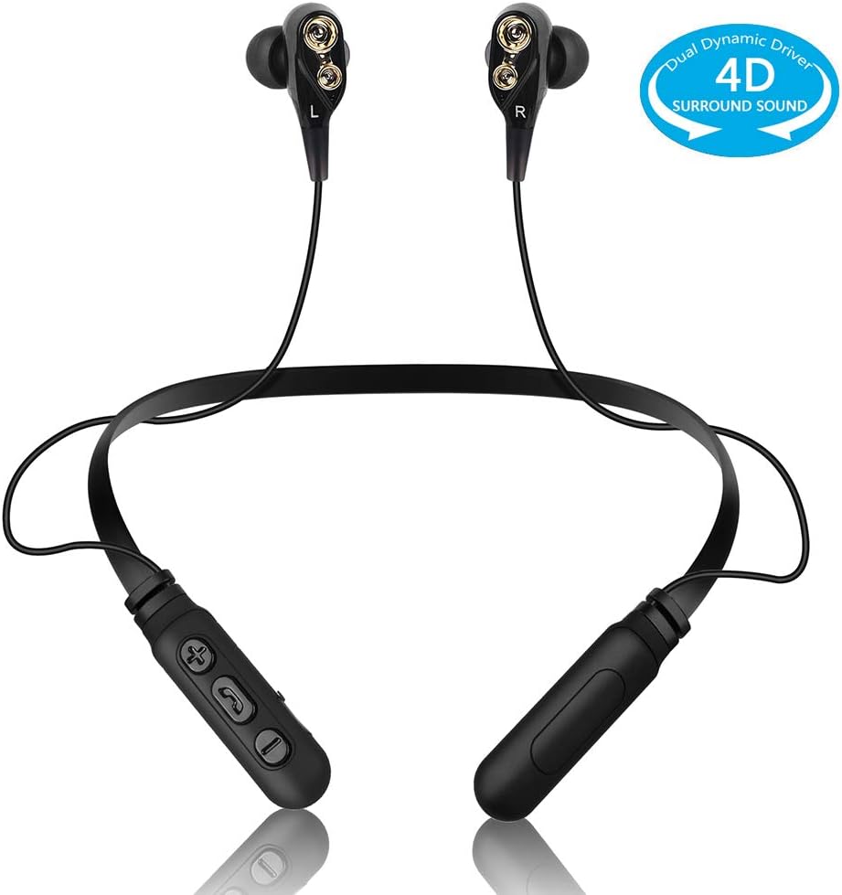 Bluetooth Headphones Neckband Wireless Headset Dual Dynamic Drivers Super 4D Surround Sound Strong Bass in-Ear Earphones Noise Cancelling Earbuds with Mic Waterproof Sweatproof for Workout(Dual Black)