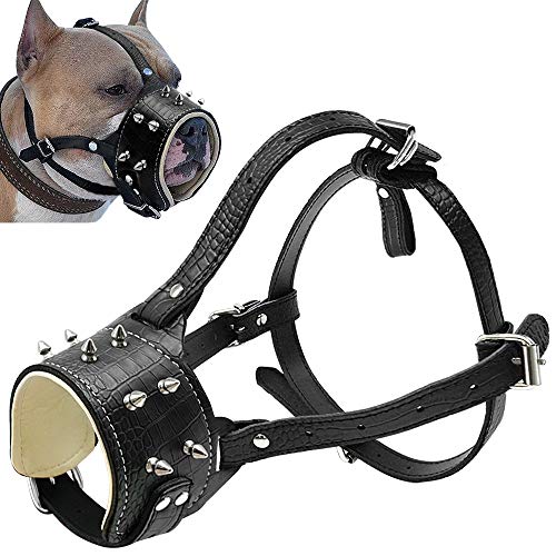 PET ARTIST Gentle Genuine Leather Padded Dog Muzzle Spikes Studded Adjustable Dog Mouth Cover