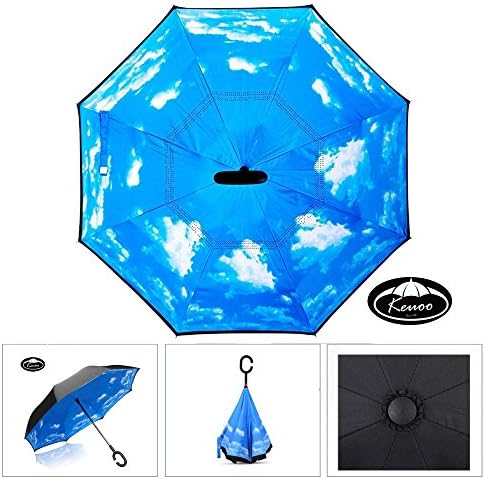 KEUOO Travel Inverted Umbrella for Driver C-Hook Reverse Hands Free Umbrella (Sky Blue)