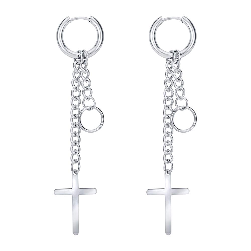 Korea Style Stainless Steel Hoop Earrings Circle Tassel Drop Dangle Earring Feather Cross Earrings for Women Men