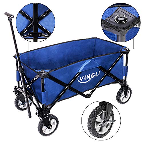 VINGLI Portable Collapsible Utility Wagon,Sturdy Outdoor Folding Garden Sports Shopping Cart, Steel Frame for Beach Park Camping Patio Compact on Wheels Blue