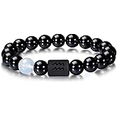 VLINRAS Zodiac Bracelet for Men Women, 8mm 10mm Natural Black Onyx Stone Star Sign Constellation Horoscope Bracelet Gifts
