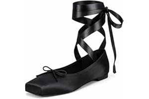 Satin Ballet Flats for Women, Lace Up Square Toe Ballet Shoes with Ribbon Bow, Strappy Mary Jane Ballerina Dressy Flats