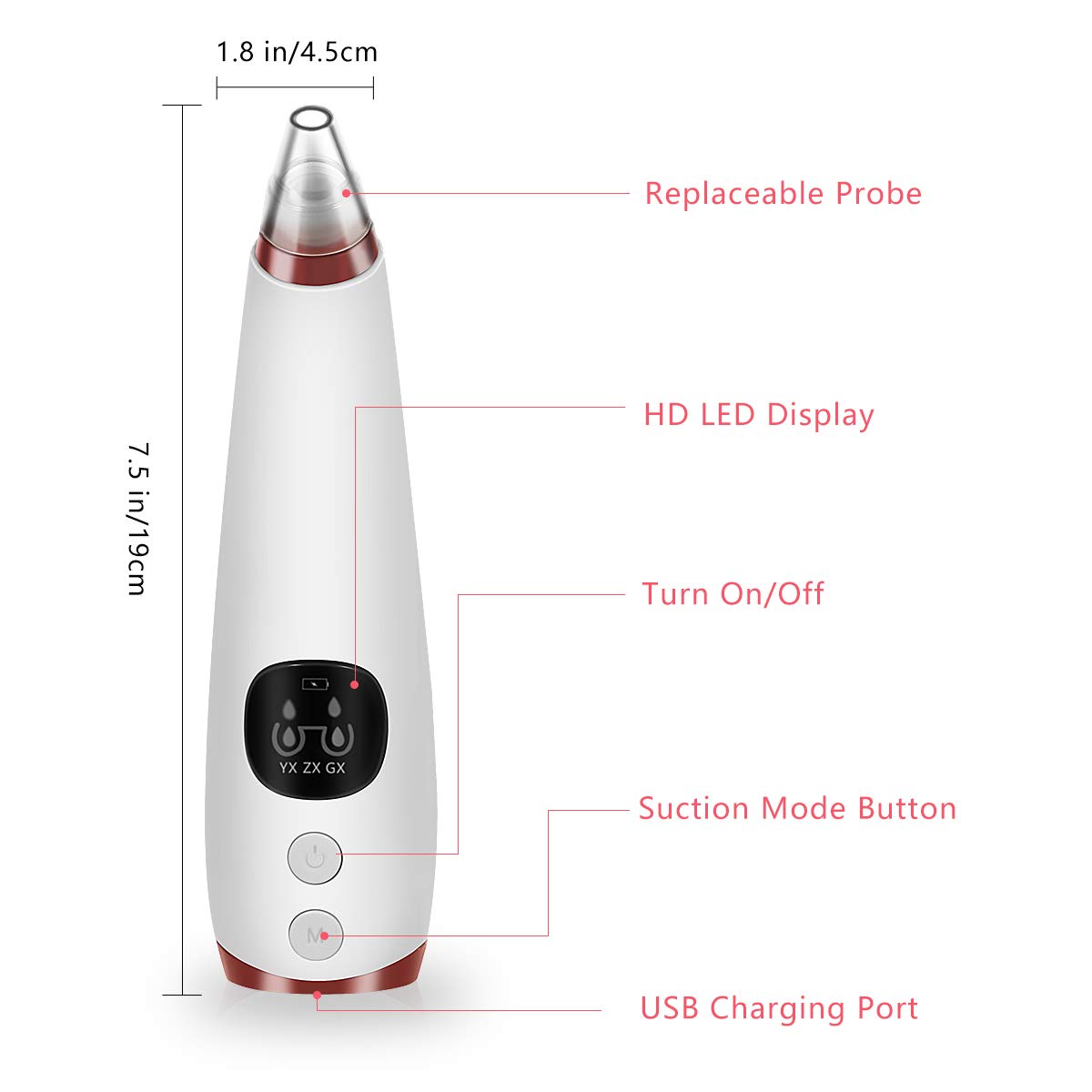 Blackhead Remover Vacuum with 5 Suction Heads,Pore Vacuum USB Rechargeable,Acne Comedone Extractor Kit,3 Adjustable Suction Force,LED Display,Facial Pore Deep Cleaner for Men and Women