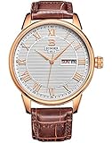 SONGDU Mens Day Date Dress Watch with Roman Numeral Rose Gold Tone and Brown Leather Strap