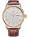 SONGDU Mens Day Date Dress Watch with Roman Numeral Rose Gold Tone and Brown Leather Strap
