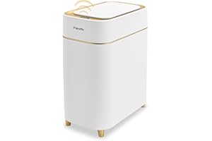 Pukomc Automatic Small Sensor Trash Can with Touchless Lid, 2.3 Gallon / 9L Smart Garbage Can, Quiet Close White Gold Waste Bin - Perfect for Kitchen, Living Room & Small Spaces