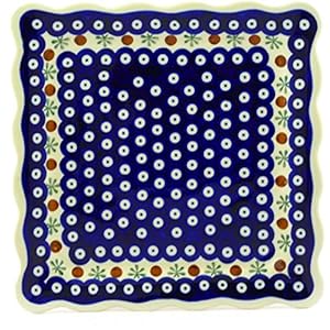 Polish Pottery Boleslawiec Platter, Square Plate, Large, 24cm in RED DOT pattern