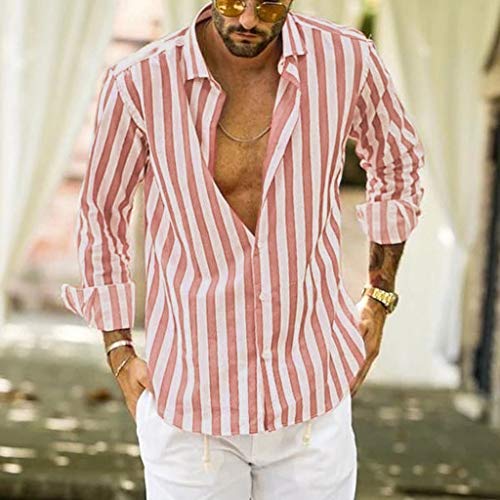 Camicia-Uomo-Slim-Fit-Manica-Lunga-Righe-Elegante-Sasstaids-Strisce-Verticali-Moda-Tops-con-Pulsante-Casual-Shirts-Poliestere-Nero-Rosa-MLXLXXLXXXL