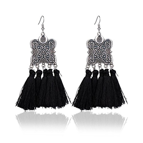 Elogoog Women's Girls Elegant Jewelery Bohemia Ethnic Fan-Shape Fringe Tassels Dangle Stud Earrings Eardrop Necklace Rope Earrings (Black (Shield)) - Thumbnail 2