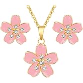 EVEVIC Fashion Cherry Blossom Necklace Earrings Set for Women 18K Gold Plated Hypoallergenic Sakura Flower Jewelry Set (Pink)