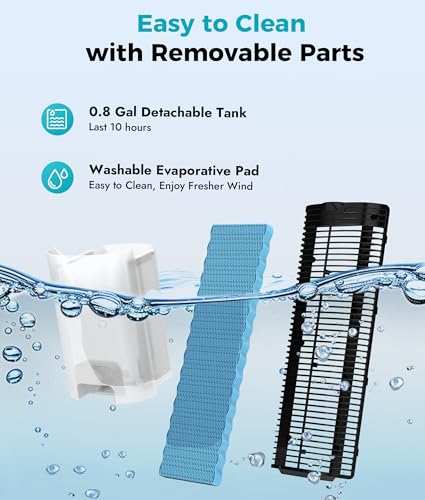 Rellytech Evaporative Air Cooler - Swamp Cooler with 3L Water Tank, 3 Modes & 3 Speeds, Remote Control, 12H Timer, 50° Oscillating Portable Bladeless Cooling Tower Fan For Room Bedroom Office