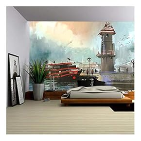 Fishing Boat in Harbor,Digital Painting - Removable Wall Mural | Self-Adhesive Large Wallpaper - 66x96 inches