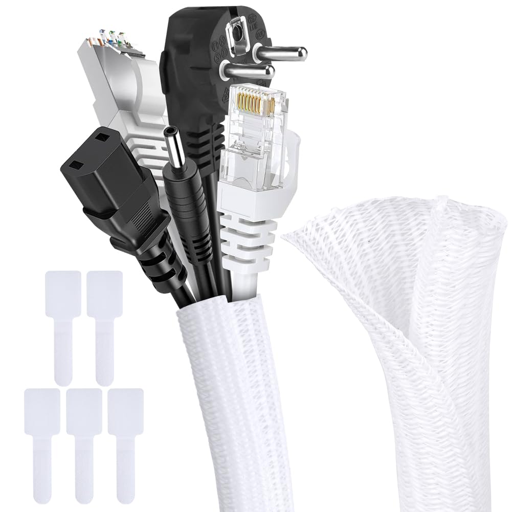 Adiwo 10ft - 1/2 inch Self-Reeling Braided Cable Sleeve, Wire Loom Tubing Cable, Cord Protector with 5 Self-Adhesive Cable Ties, Preventing Animals Chewing Cords, for TV, PC, Video (White)