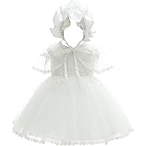 Leideur Baby Girls White Christening Dress With Bonnet Newborn Baptism Gown Lace Dress for Wedding Birthday