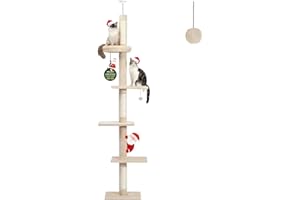 PETEPELA Floor to Ceiling Cat Tree, Cat Tower 5-Tier Height(95-107 Inches) Adjustable, Tall Cat Climbing Tree Featuring with Scratching Post, Cozy Bed,Interactive Ball Toy for Indoor Cats/Kitten Beige