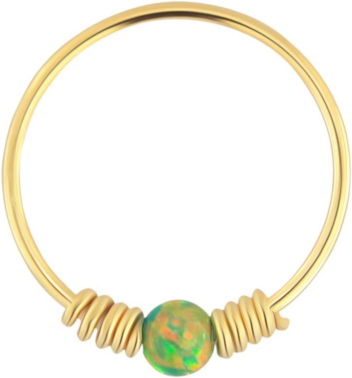 9K Solid Yellow Gold Opal Stone with Double Spring Coil 22 Gauge Hoop Nose Ring Tragus Helix Piercing