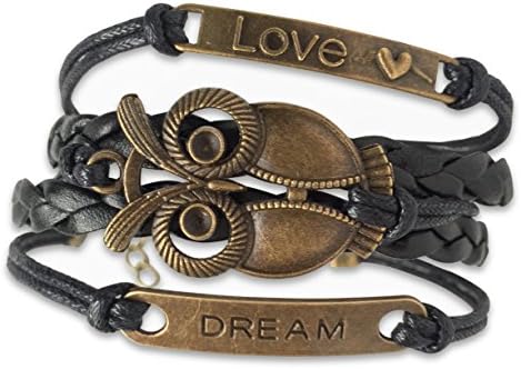 The Perfect Braided Black Leather Bracelet with Antiqued Metal Owl Love Dream Charm Ideal as a Fashion Jewelry Accessory Adjustable Fit for Men and Women
