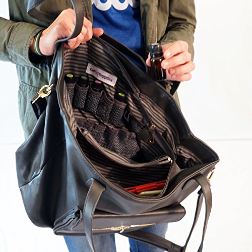 Got Oil Supplies Essential Oils Hobo Bag for Women - Dark Gray Leather Designer Handbag Purse with 16 Elastic Pockets