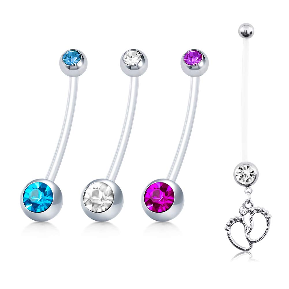 JFORYOU 4pcs Pregnancy Belly Bars 14G 38mm Flexible Maternity Belly Button Bars with Baby Feet Dangle Cute CZ Long Plastic Retainer Navel Piercing Jewellery