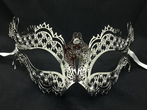 Exotic Silver Metal Laser Cut Venetian Mardi Gras Masquerade Mask with Diamond by KB