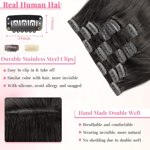 Yuniffe Clip in Hair Extensions Human Hair 120g 14 Inch 7pcs Natural Black Clip in Remy Human Hair Extensions Straight Hair Extensions Clip ins Double Weft #1B
