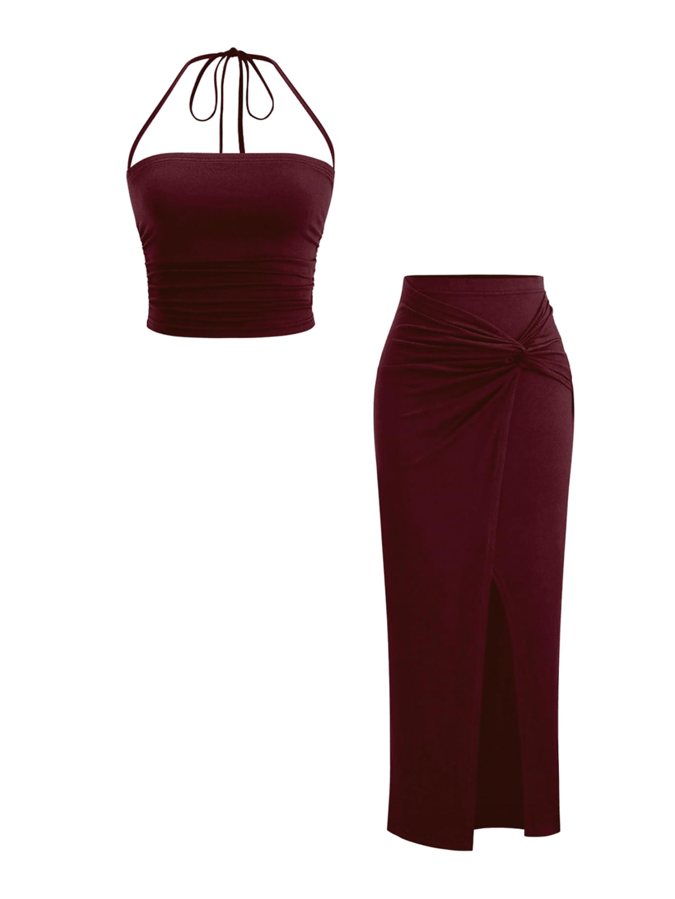 Photo 1 of **Top Only* Verdusa Women's 2 Piece Vacation Outfits Ruched Crop Halter Top with Slit Bodycon Long Skirt Going Out Sets Burgundy Medium