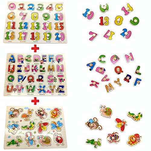 Wooden Puzzle Board(Set of 3) - Wooden Numbers, Alphabet and Insect Puzzle,Best Educational Gifts for Preschool Boys and Girls Ages 2-6 Years Old