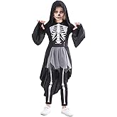 Kids Halloween Skeleton Costume, Midnight Reaper Costume for Girls, Hooded Dress with Legging and Gloves for Halloween Party