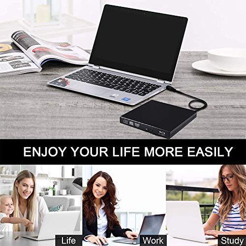 External Blu Ray Drive, USB 2.0 CD DVD Portable Burner Slim Disk Player Writer Reader for Windows XP/7/8/10, MacOS, Linux for Notebook MacBook, Laptop, Desktop (Black)
