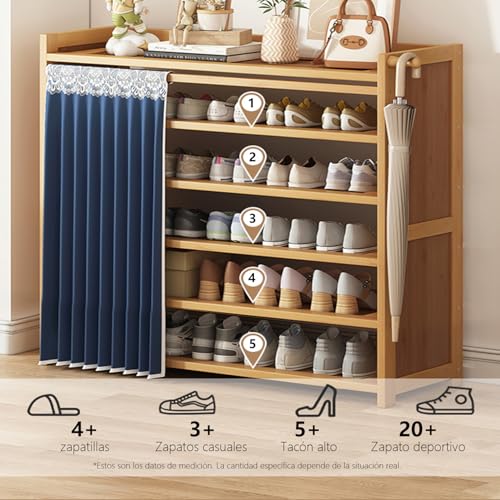Zapatera Organizador, 6 Niveles 30 Pares de Armario de Almacenamiento de Zapatos, Zapatero con Cortinas, Zapatero de Bambú para Entrada, Vestíbulo y Pasillo