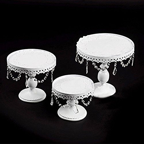 3 Set Metal Crystal Cake Holder Cupcake Stand Cake Dessert Holder with Pendants and Beads,Wedding Birthday Dessert Cupcake Pedestal Display,White (3)