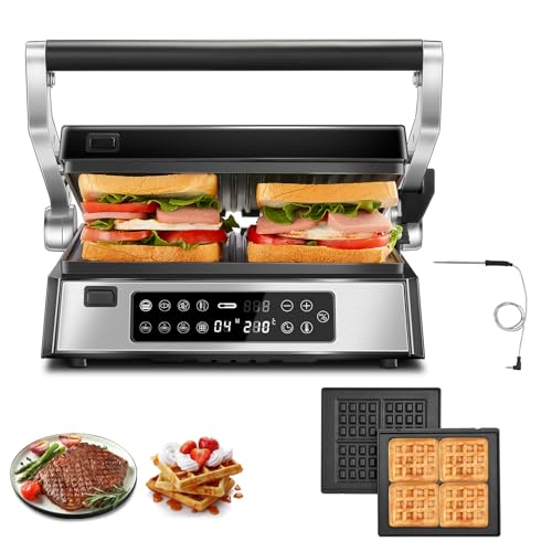 FOHERE Multifunctional 4 in 1 Contact Grill, Waffle Maker and Sandwich Maker with 4 Removable Non-Stick Plates, Individual Time and Temperature, LED Display, 2000W