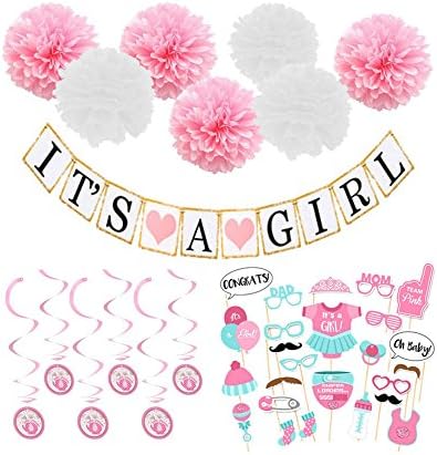 Girl Baby Shower Decoration Kit (47pcs)- Baby Shower Photo booth Props, Its A Girl Banner, Pink Swirls, Pink and White Tissue Flowers Pompoms - Baby Shower Ideas For Girls - Girl Baby Shower Themes
