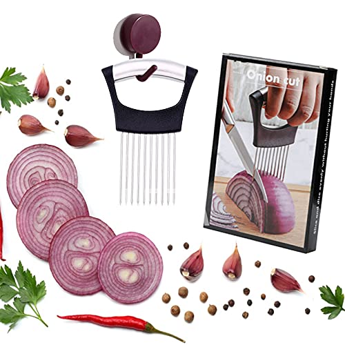Onion Holder Slicer,Stainless Steel Onion Slicer for Potato Fruit Tomato Slicer Vegetable Slicer Kitchen Cooking  Aid Gadge Tool Cutting Chopper (Black)