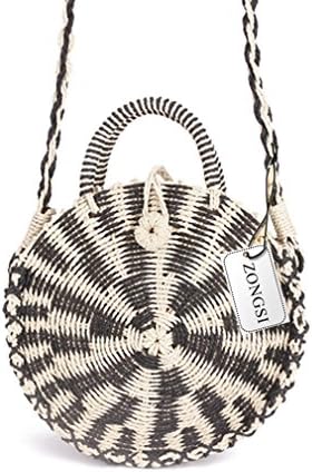 Zognsi Round Straw Beach Bag Summer mini Vintage Handmade Crossbody Bag Circle Rattan bag Small Bohemian Shoulder bag for women (Black)