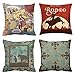 Emvency Set of 4 Throw Pillow Covers Vintage Western Cowboy Wild Modern West Riding Bull Wooden Decorative Pillow Cases Home Decor Square 18x18 Inches Pillowcases