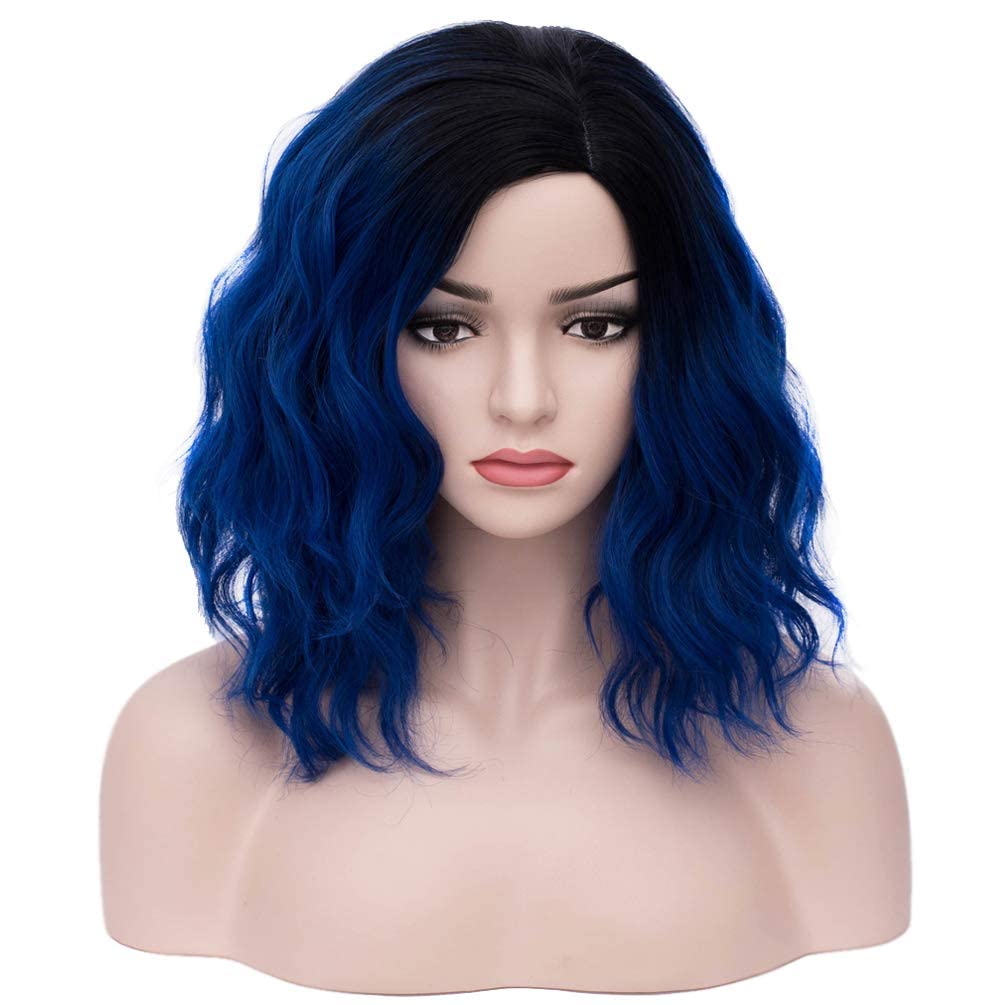 Photo 1 of BERON Blue Wig Short Curly Wig Charming Wave Wigs Ombre Blue Bob Wigs for Women Hairnet Include