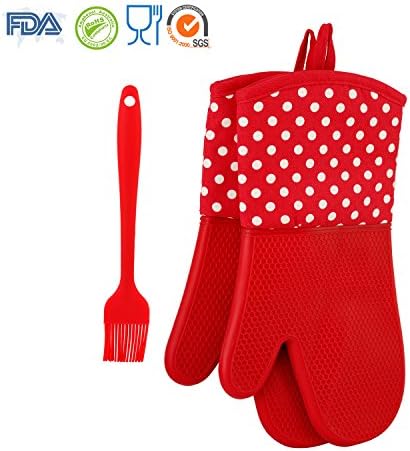 ENFINER 13Inch Silicone Oven Mitts 1 Pair with Silicone Oil Brush, Cotton Lining Heat Resistant Non-Slip Silicone Kitchen Gloves for Grilling, Baking, Cooking, BBQ (Red)