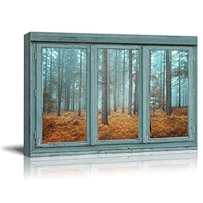 Vintage Teal Window Looking Out Into a Blue Foggy Forest During Fall Time - Canvas Art Home Art - 24x36 inches