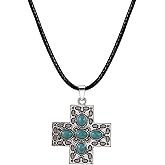 coadipress Boho Turquoise Cross Necklace for Women Bohemian Vintage Western Cowgirl Turquoise Cross Leather Pendant Necklace Country Cowboy Statement Accessories Jewelry