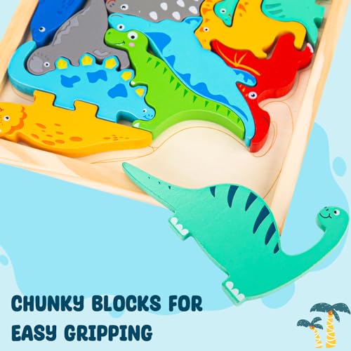 LovesTown 12PCS Stacking Dinosaur Puzzles, Preschool Wooden Dinosaur Toys Chunky Jigsaw Puzzles for Birthday Gift Kids Age 2 3 4 5
